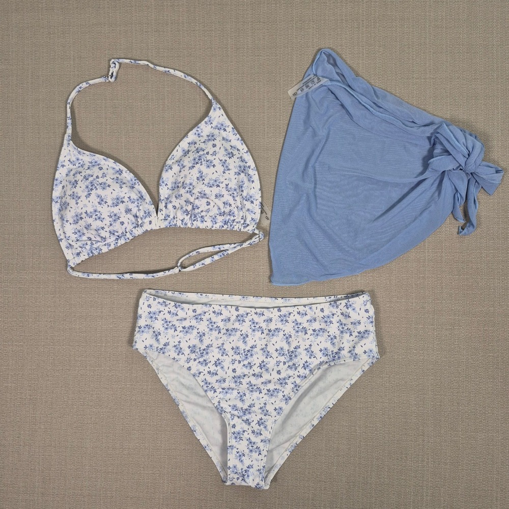 Girls Blue Floral Triangle Bikini 3pc Set with Sarong Size 13Y